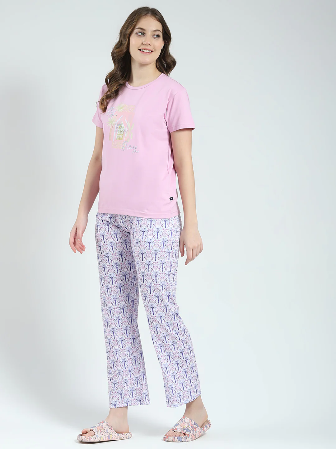 Women Purple Printed Round Neck Half Sleeve Lower Set - Image 3