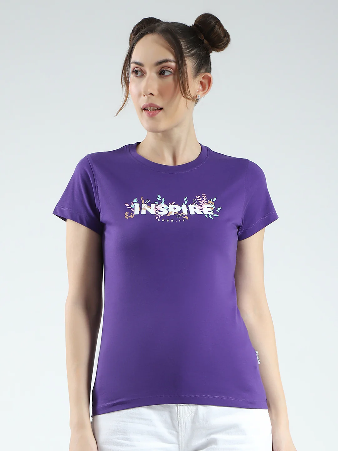Rock.it Women Purple Printed Round Neck Half Sleeve Top