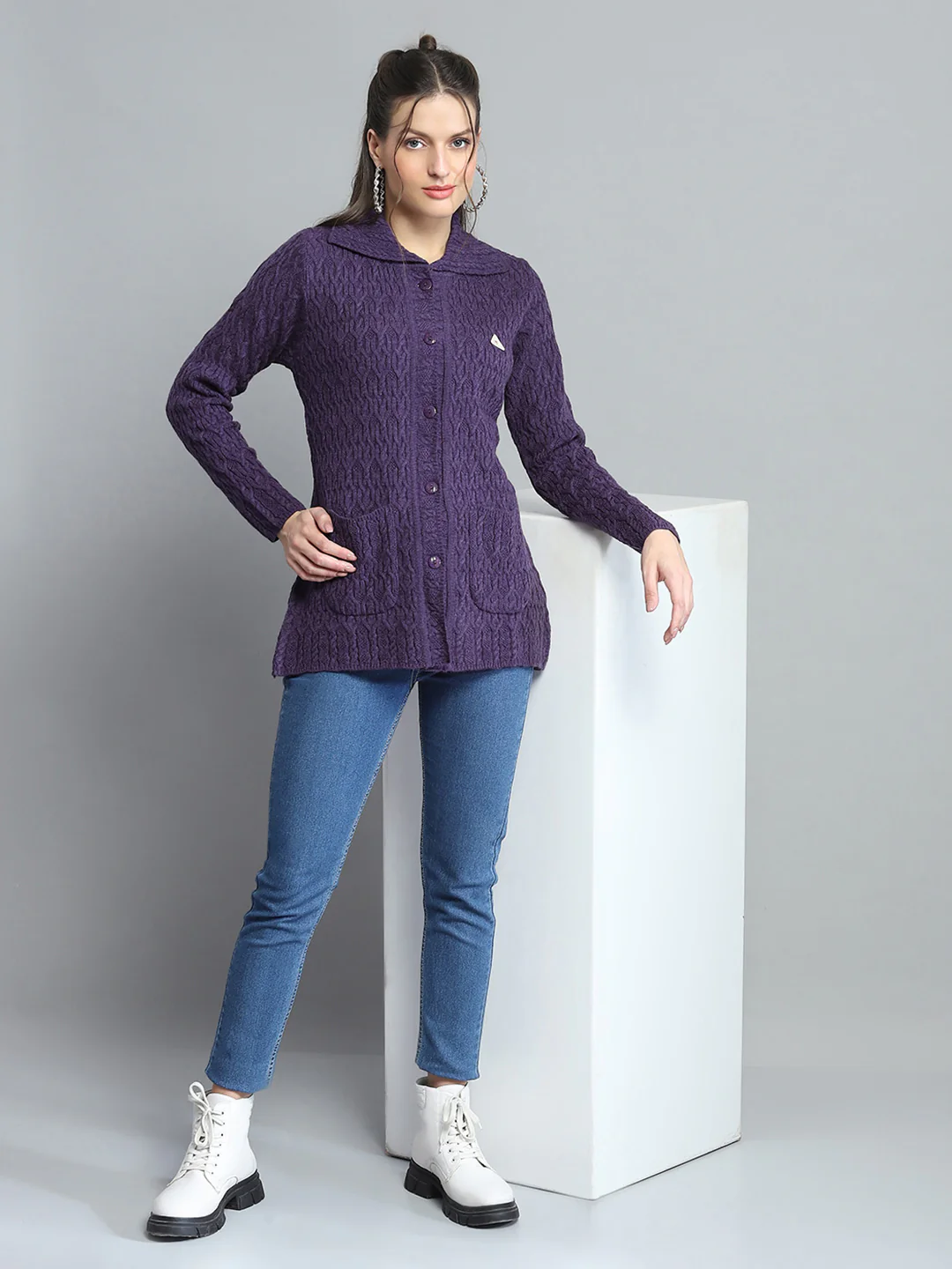 Women Purple Self Design Collar Full Sleeve Cardigan - Image 2