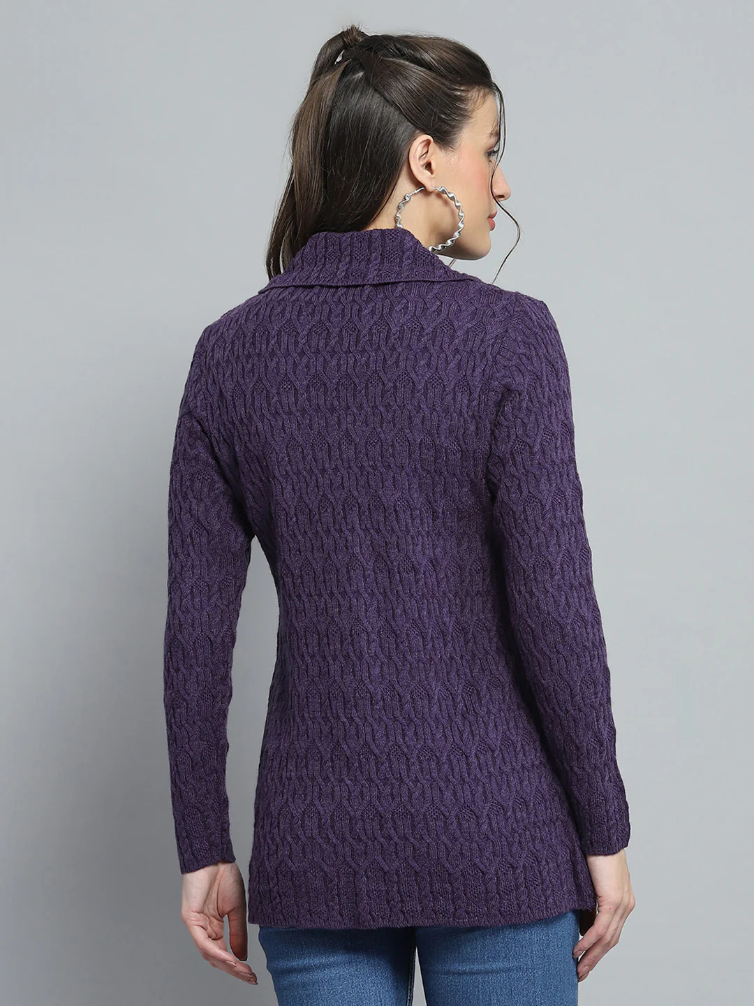 Women Purple Self Design Collar Full Sleeve Cardigan - Image 5