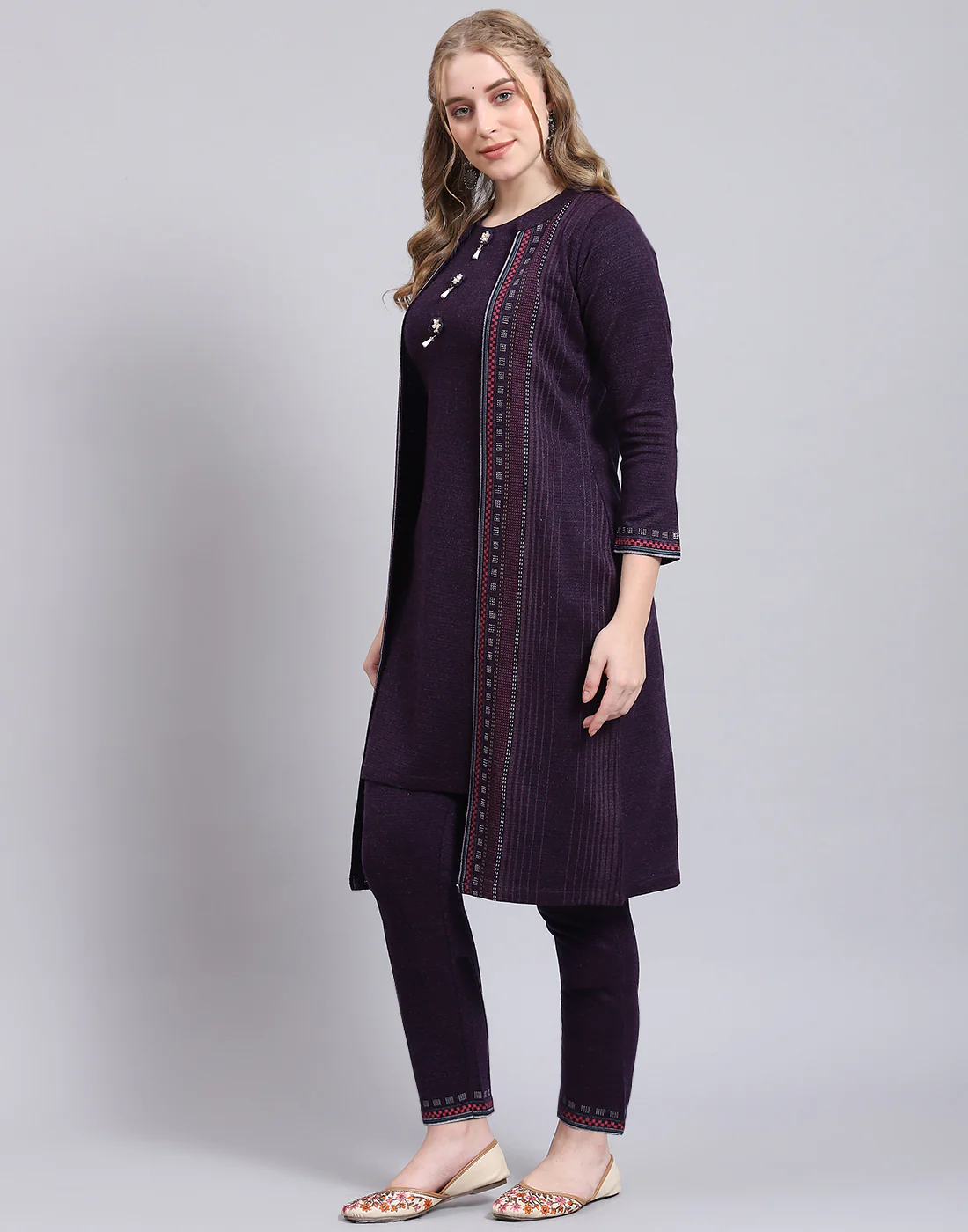Women Purple Self Design Collar Full Sleeve Kurtis Set - Image 3