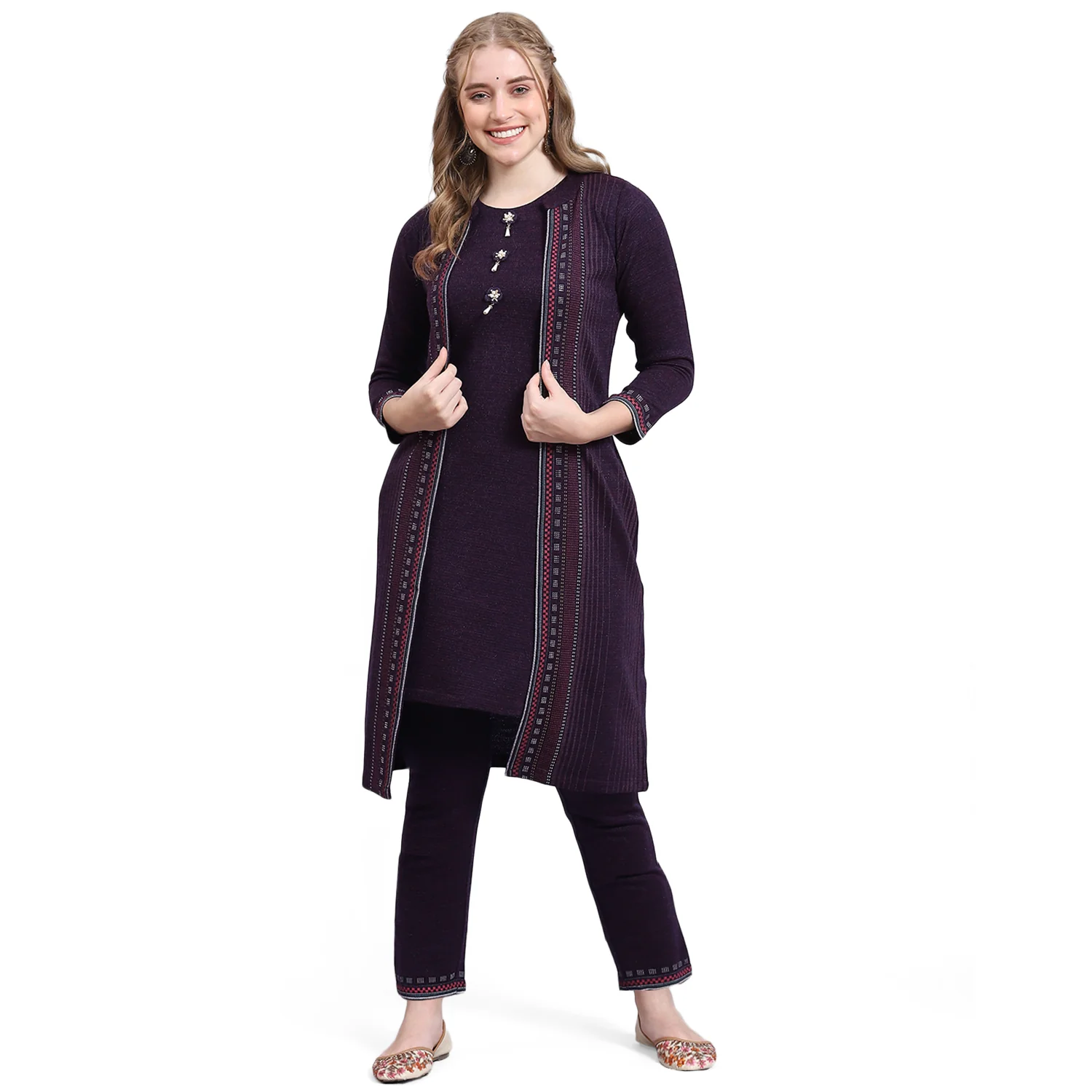 Women Purple Self Design Collar Full Sleeve Kurtis Set - Image 5