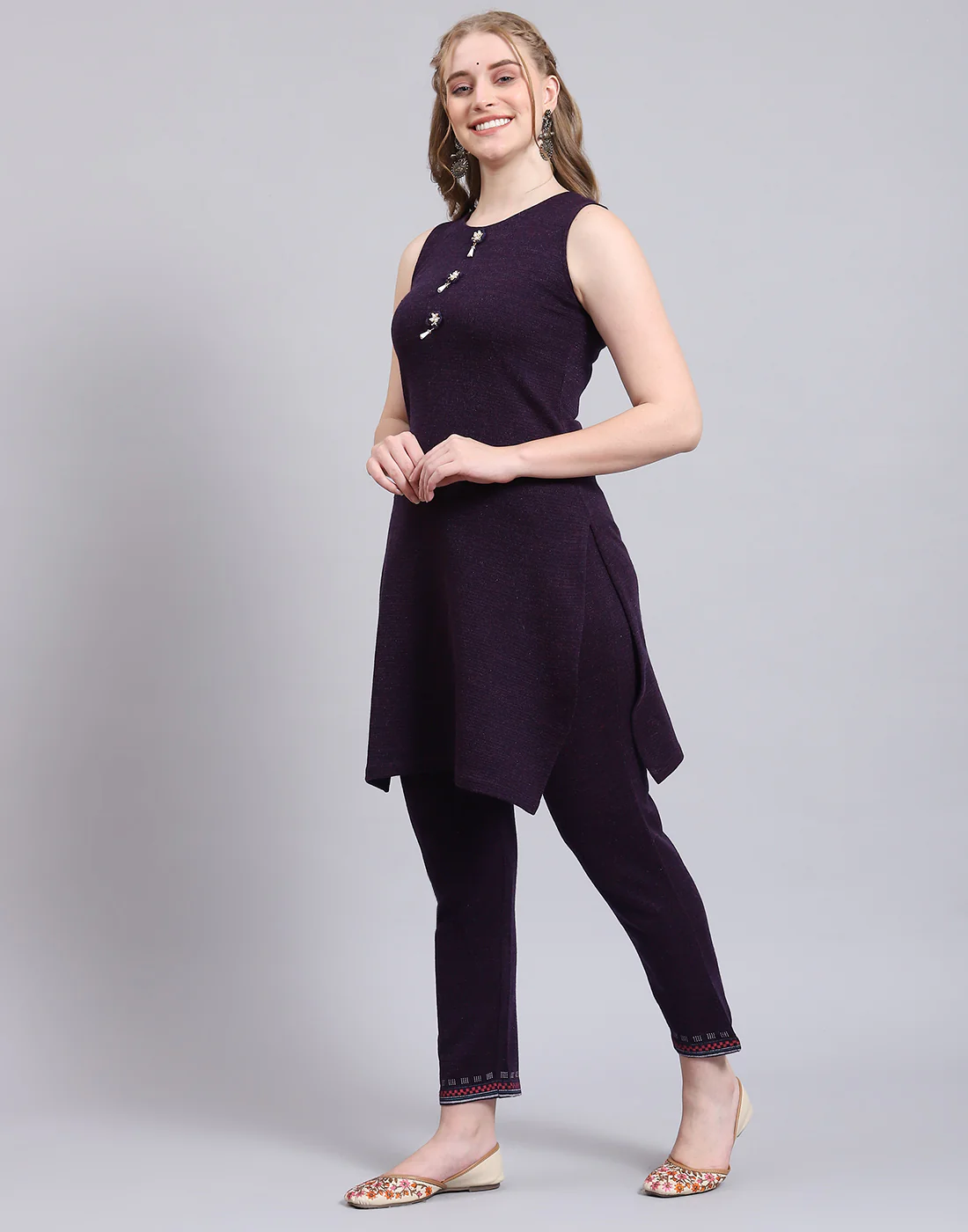 Women Purple Self Design Collar Full Sleeve Kurtis Set - Image 7