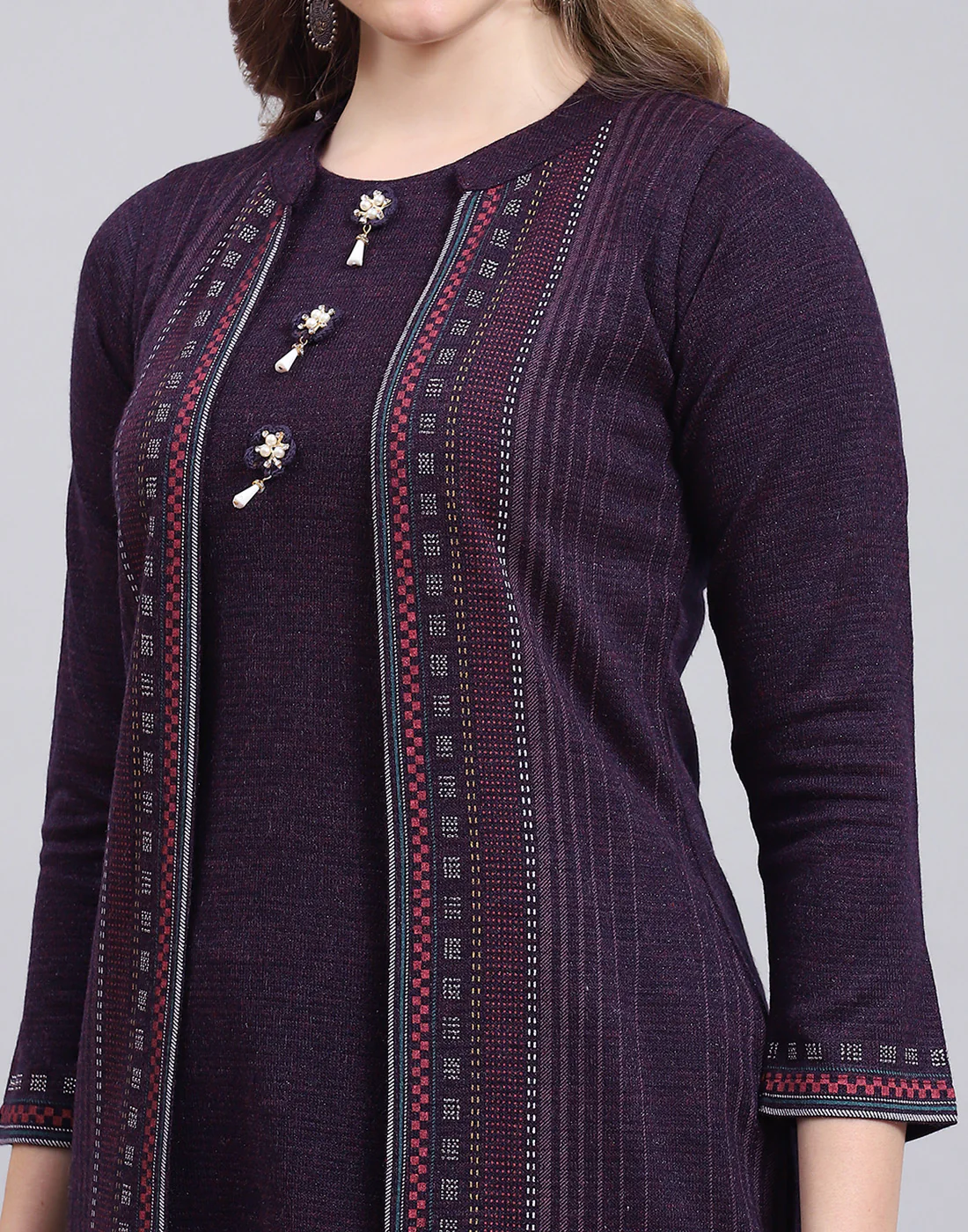 Women Purple Self Design Collar Full Sleeve Kurtis Set - Image 8