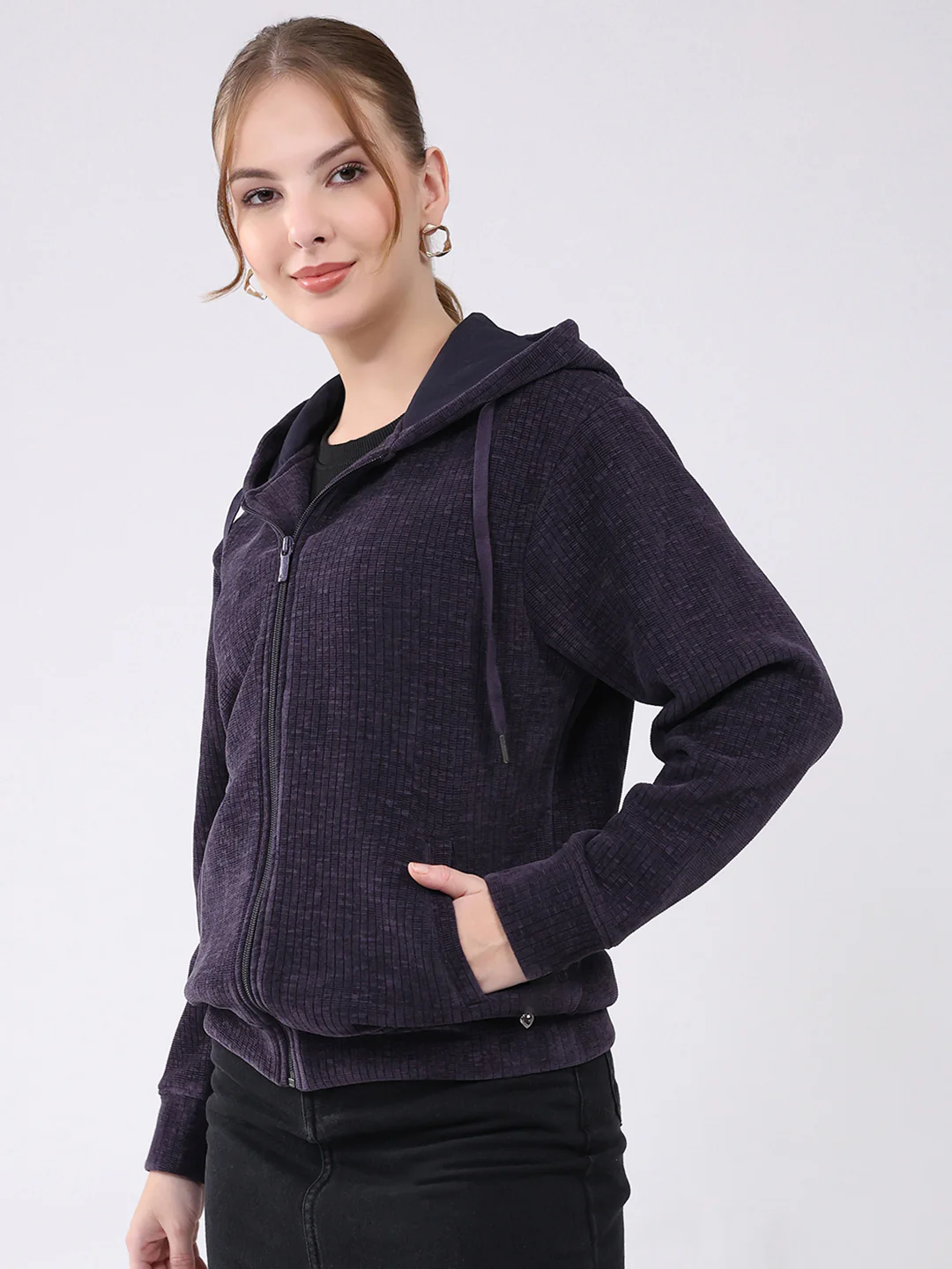 Women Purple Self Design Hooded Full Sleeve Sweatshirt - Image 3