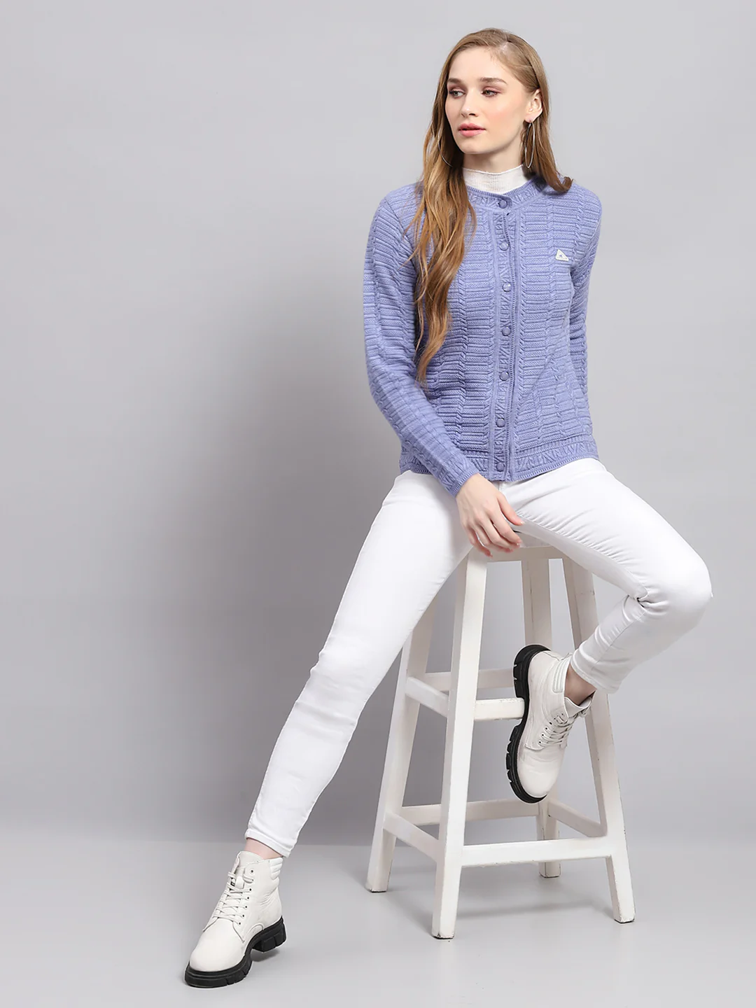 Women Purple Self Design Round Neck Full Sleeve Cardigan - Image 2