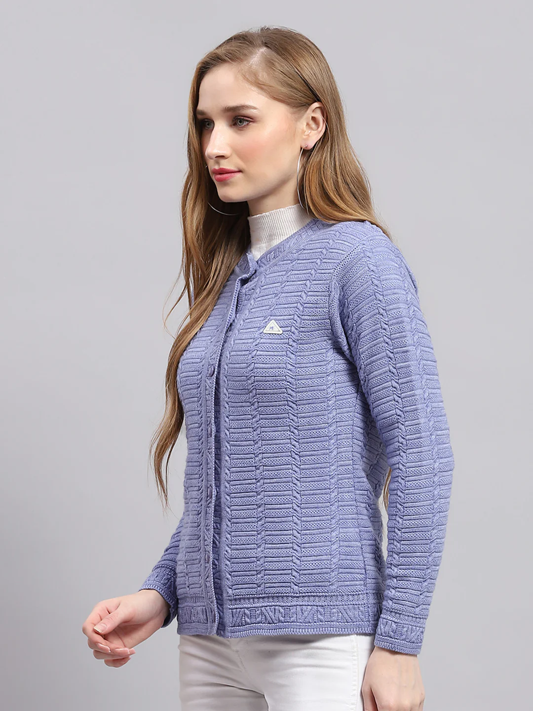 Women Purple Self Design Round Neck Full Sleeve Cardigan - Image 3