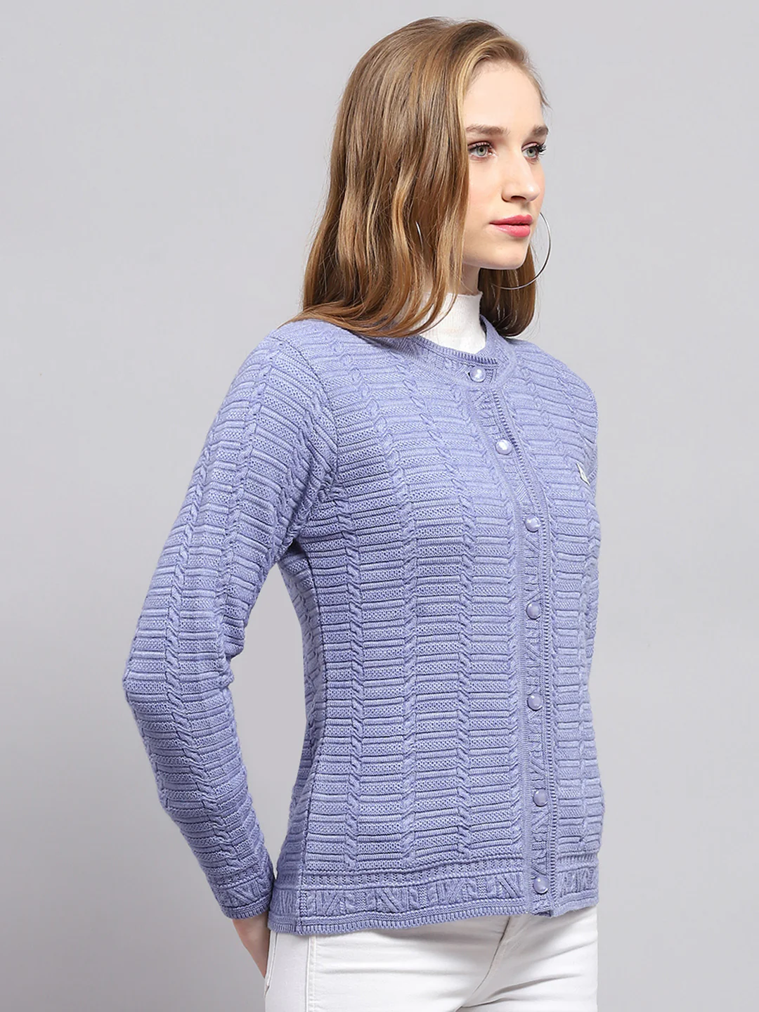 Women Purple Self Design Round Neck Full Sleeve Cardigan - Image 4