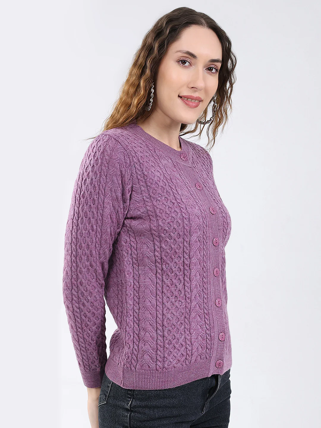Women Purple Self Design Round Neck Full Sleeve Cardigan - Image 4