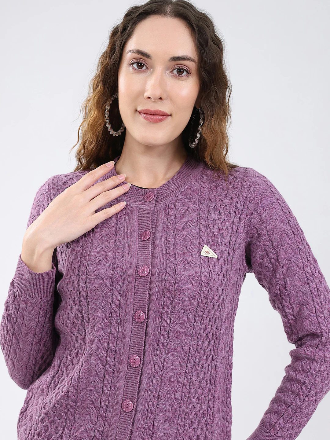 Women Purple Self Design Round Neck Full Sleeve Cardigan - Image 7