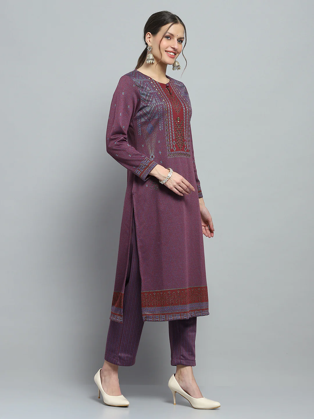 Women Purple Self Design Round Neck Full Sleeve Kurti Set for Winter - Image 5
