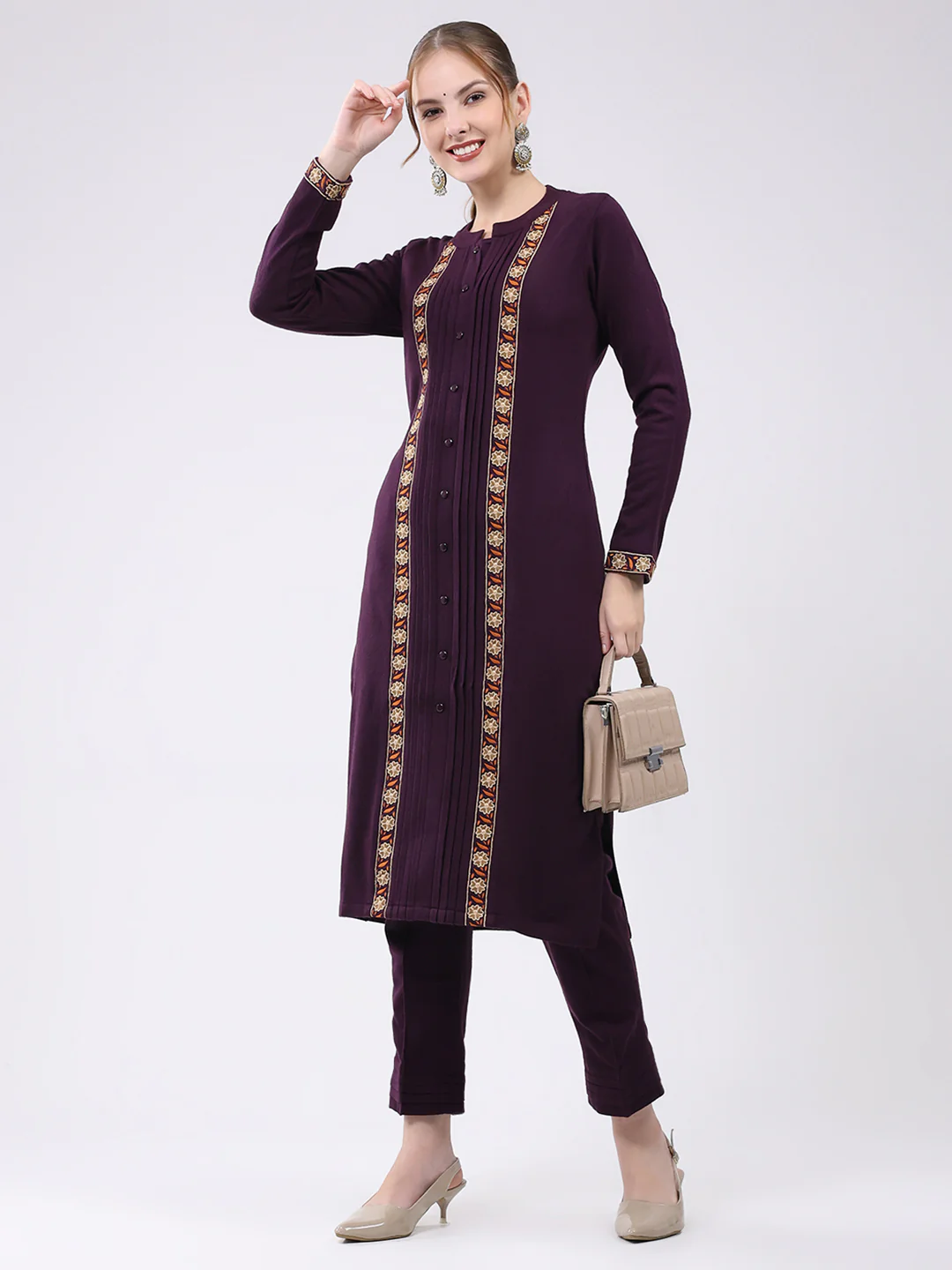 Women Purple Self Design Round Neck Full Sleeve Kurti Set for Winter - Image 2