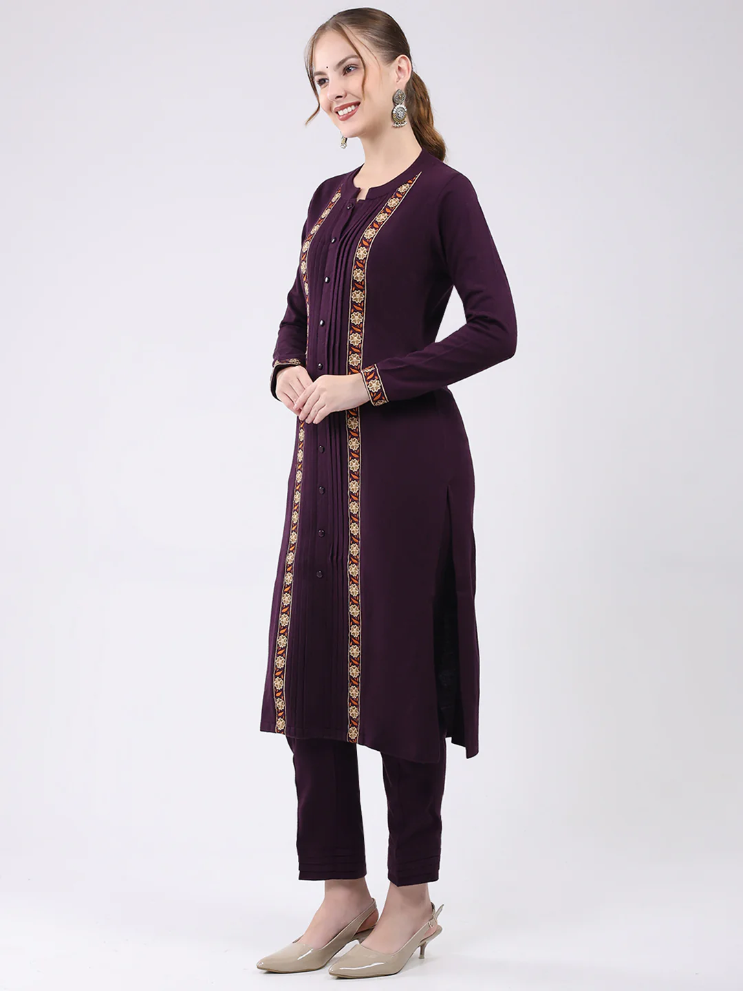 Women Purple Self Design Round Neck Full Sleeve Kurti Set for Winter - Image 3