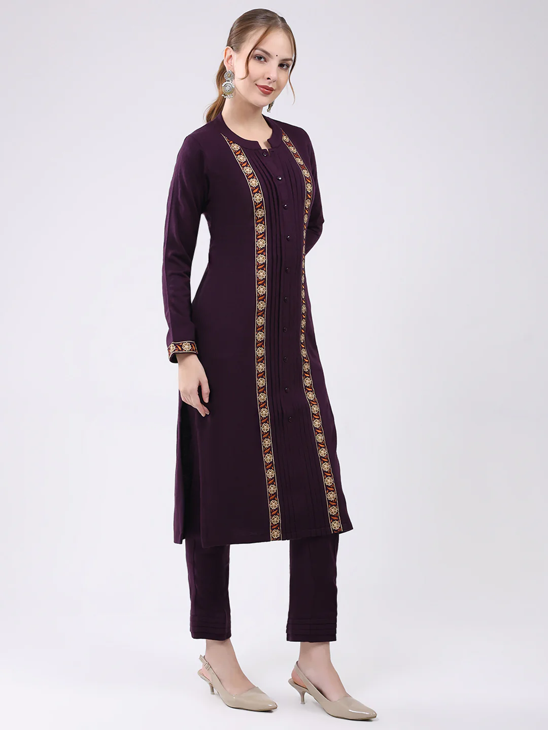 Women Purple Self Design Round Neck Full Sleeve Kurti Set for Winter - Image 4