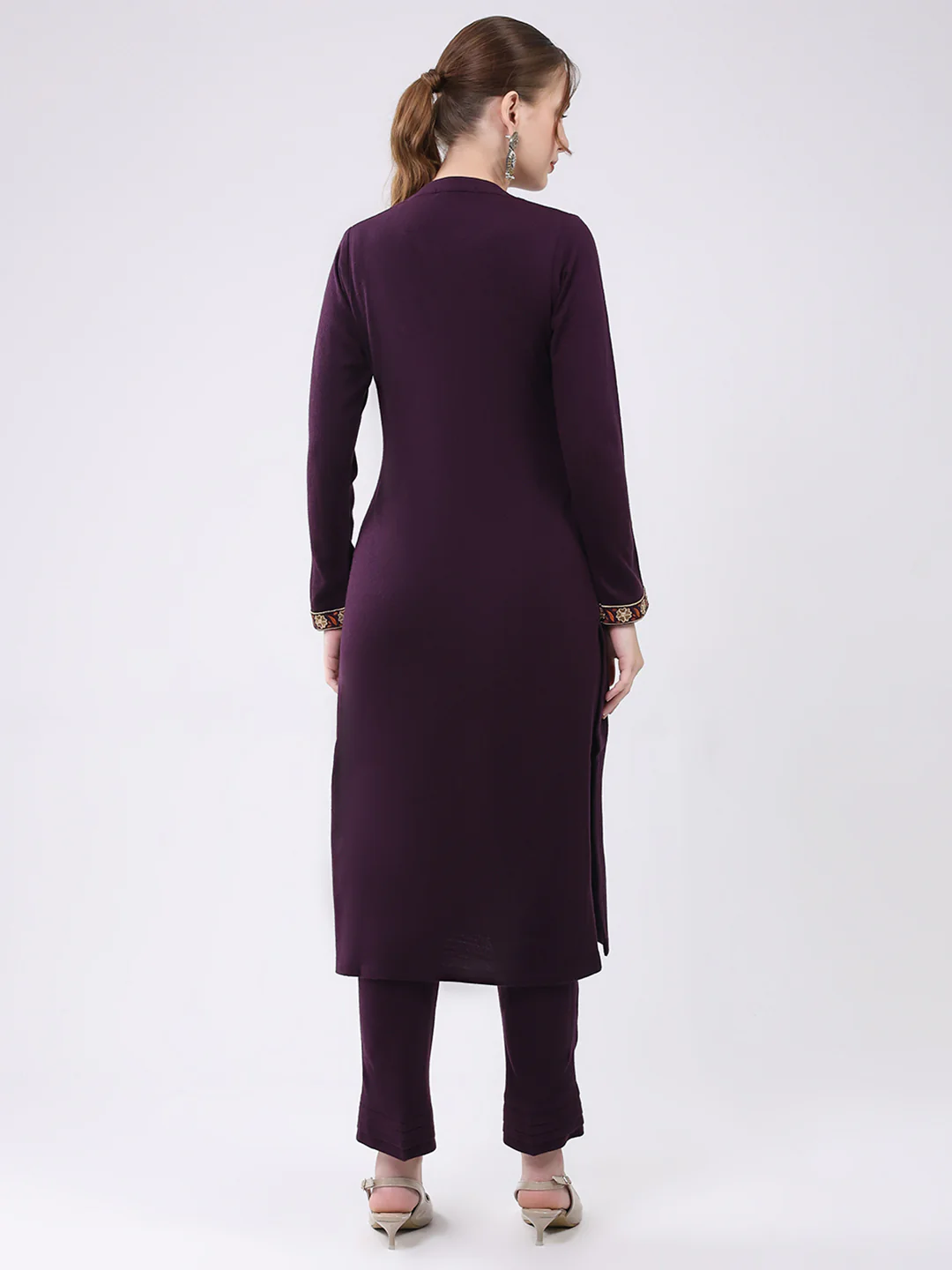 Women Purple Self Design Round Neck Full Sleeve Kurti Set for Winter - Image 5