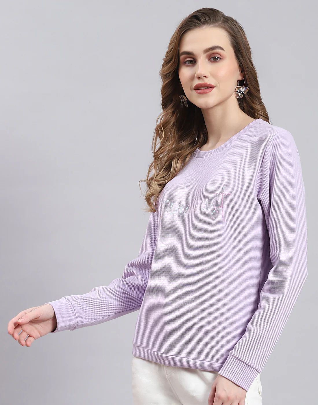 Women Purple Self Design Round Neck Full Sleeve Sweatshirt - Image 3