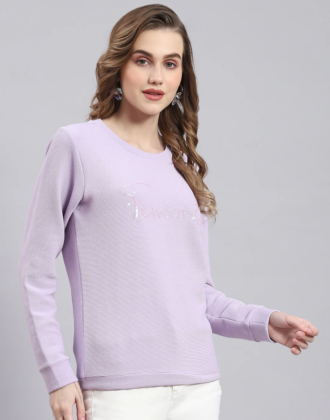 Women Purple Self Design Round Neck Full Sleeve Sweatshirt - Image 4