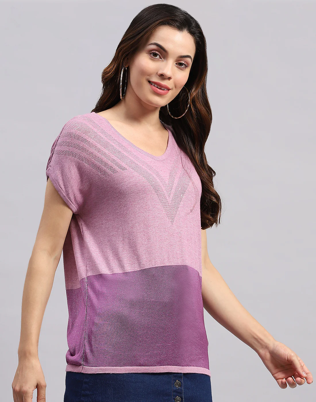 Women Purple Self Design Round Neck Half Sleeve Top - Image 5