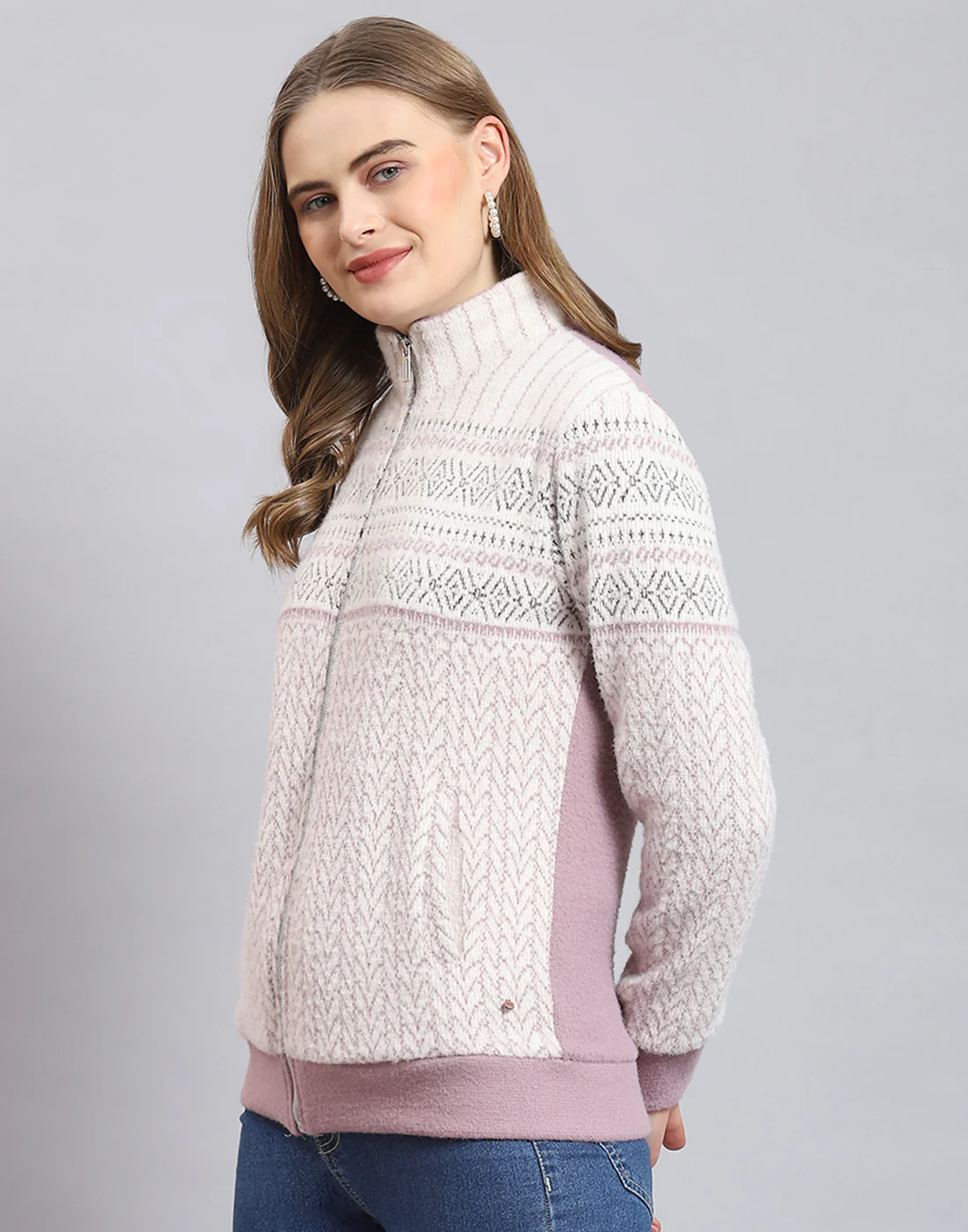 Women Purple Self Design Stand Collar Full Sleeve Sweatshirt - Image 4