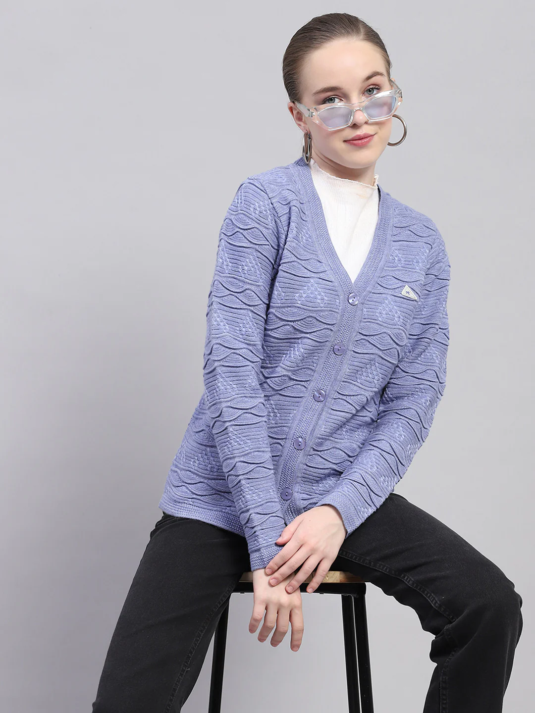 Women Purple Self Design V Neck Full Sleeve Cardigan - Image 6
