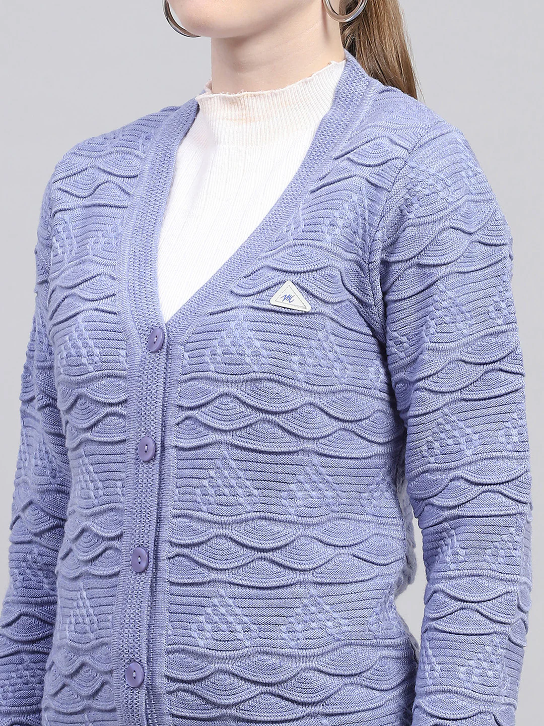 Women Purple Self Design V Neck Full Sleeve Cardigan - Image 7