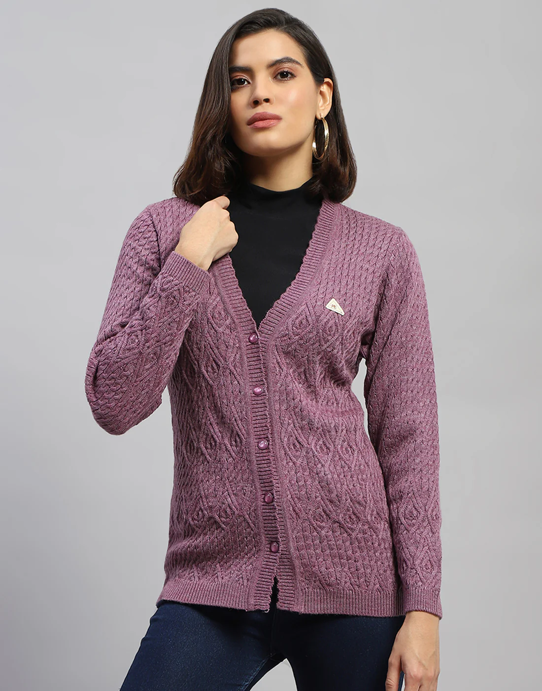 Women Purple Self Design V Neck Full Sleeve Cardigan - Image 2