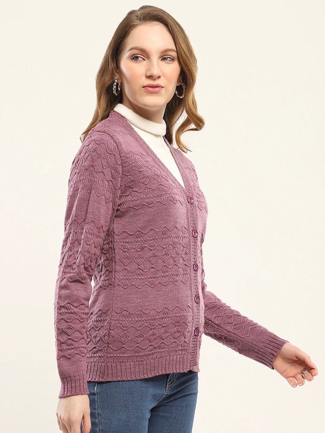 Women Purple Self Design V Neck Full Sleeve Cardigan - Image 4