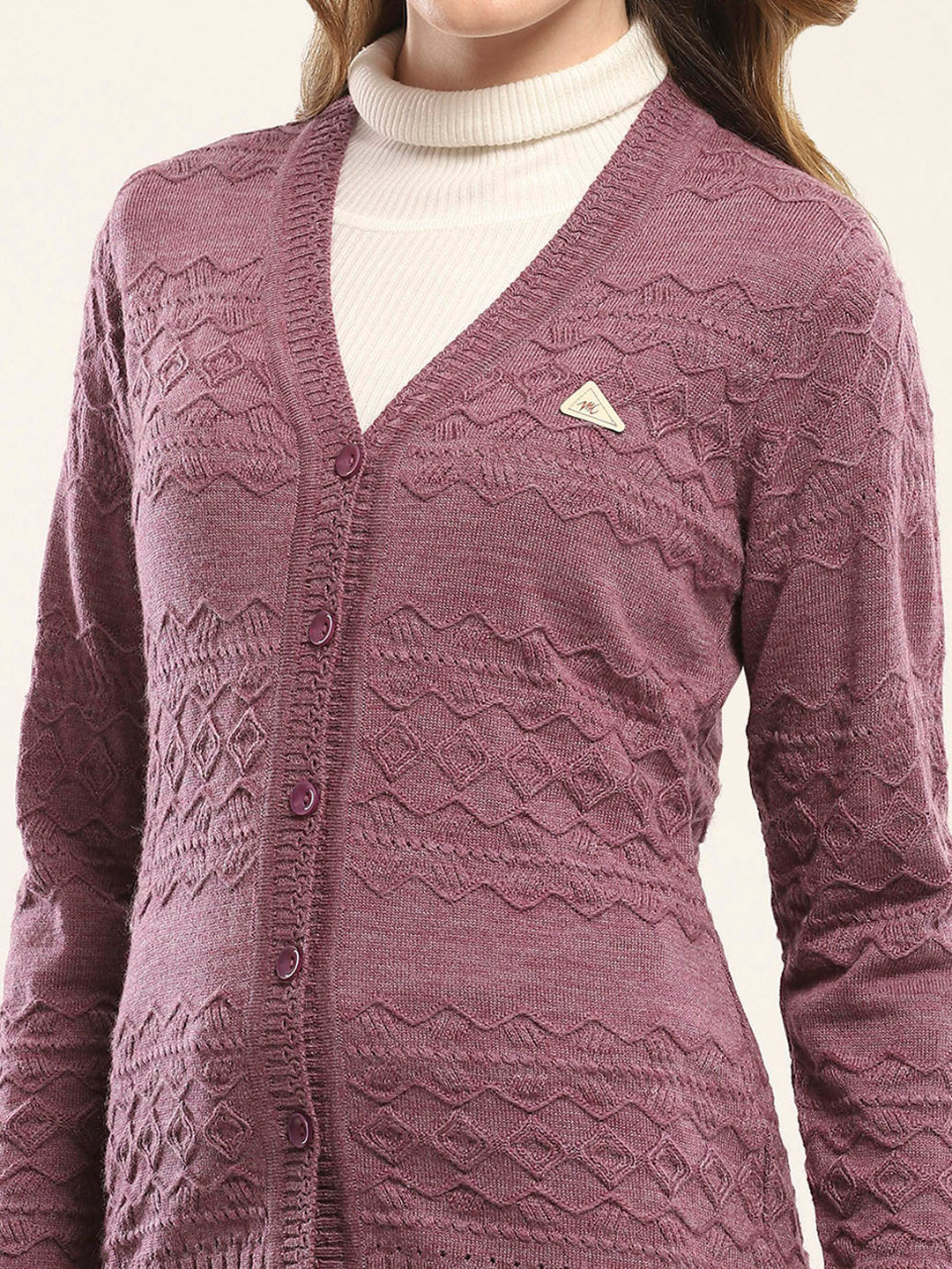 Women Purple Self Design V Neck Full Sleeve Cardigan - Image 6