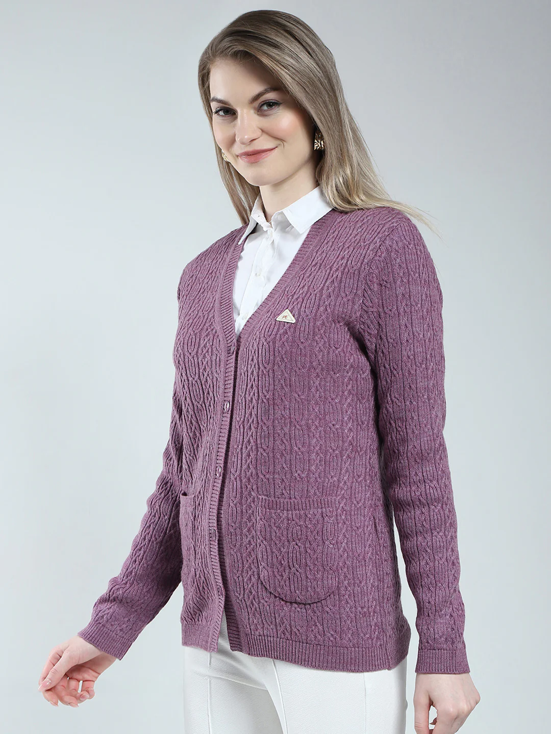 Women Purple Self Design V Neck Full Sleeve Cardigan - Image 3