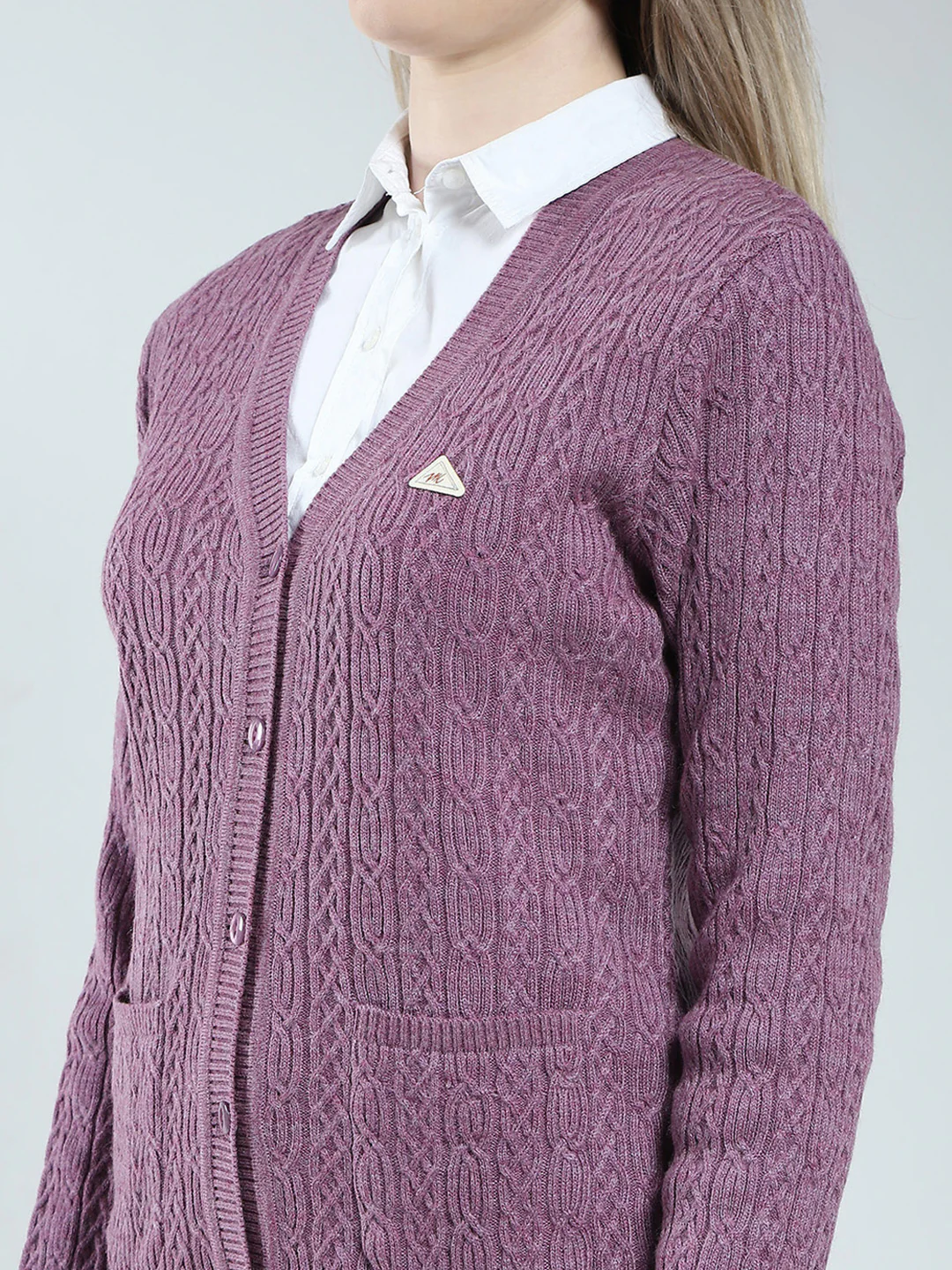 Women Purple Self Design V Neck Full Sleeve Cardigan - Image 6