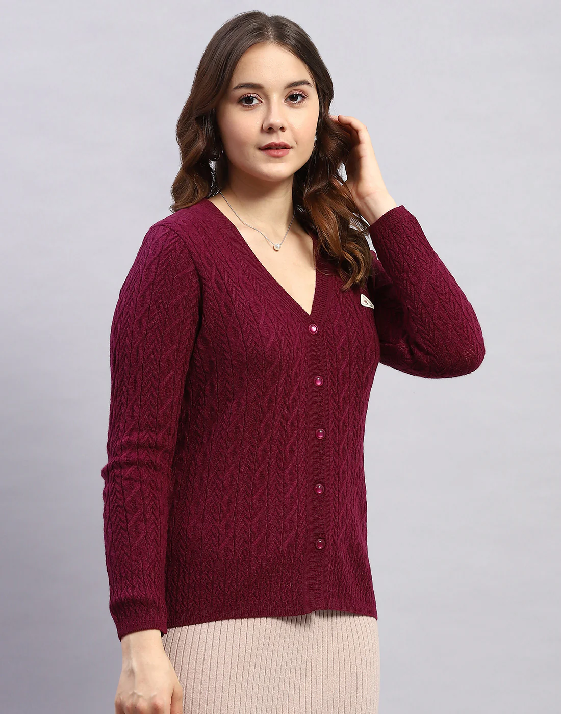 Women Purple Self Design V Neck Full Sleeve Cardigan - Image 4