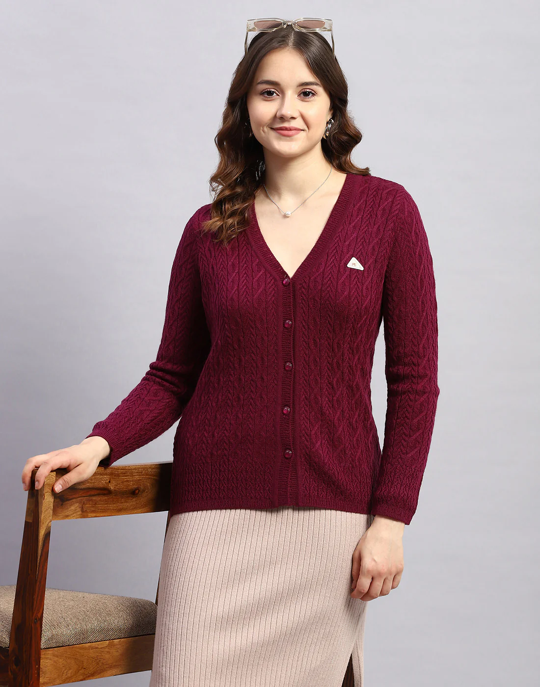 Women Purple Self Design V Neck Full Sleeve Cardigan - Image 6