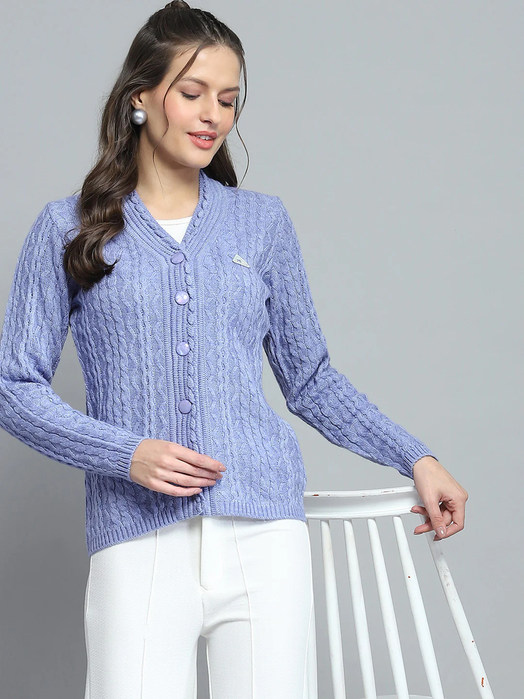 Women Purple Self Design V Neck Full Sleeve Cardigan - Image 6