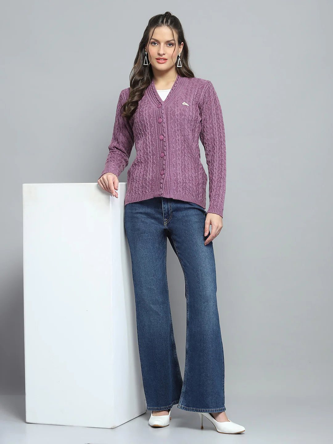 Women Purple Self Design V Neck Full Sleeve Cardigan - Image 2