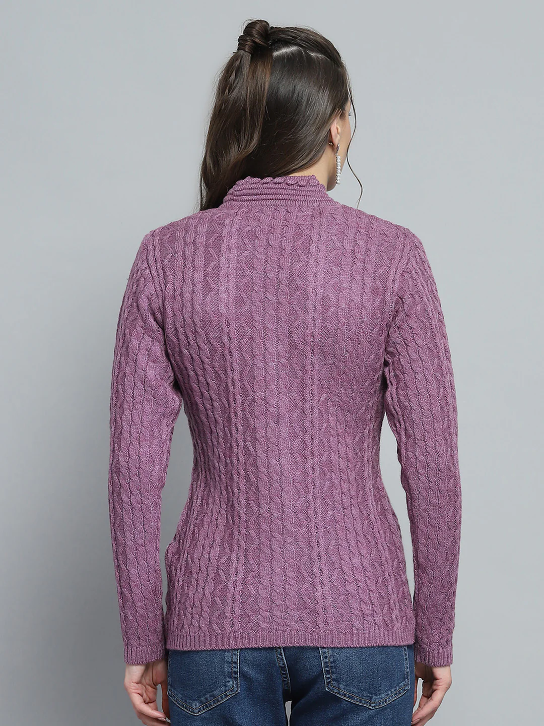 Women Purple Self Design V Neck Full Sleeve Cardigan - Image 5