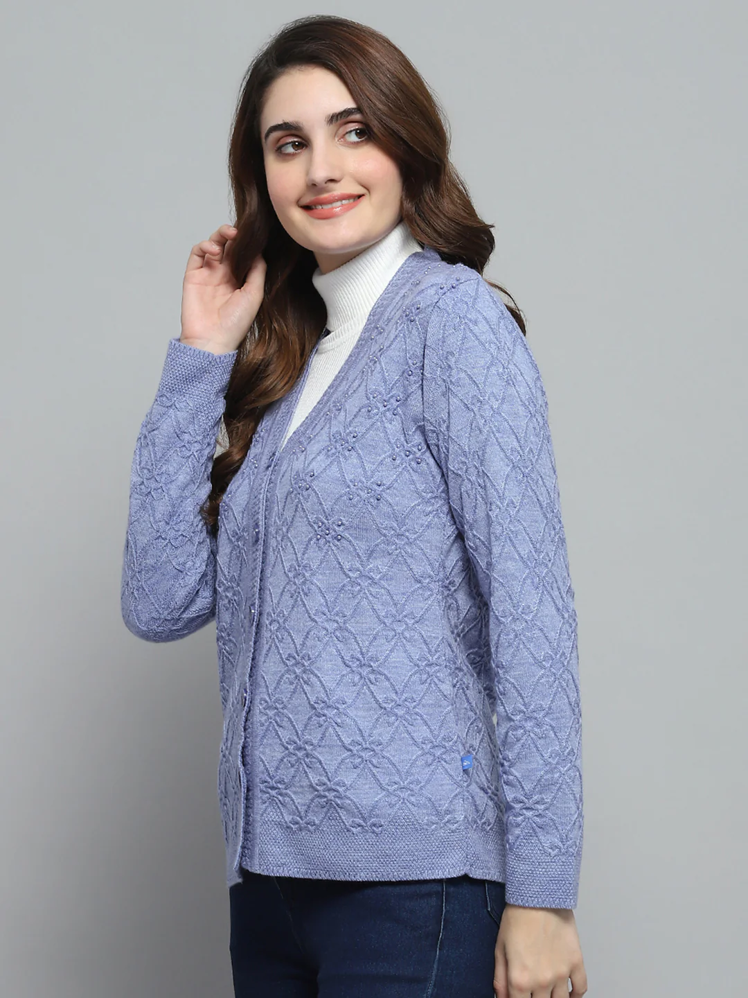 Women Purple Self Design V Neck Full Sleeve Cardigan - Image 3