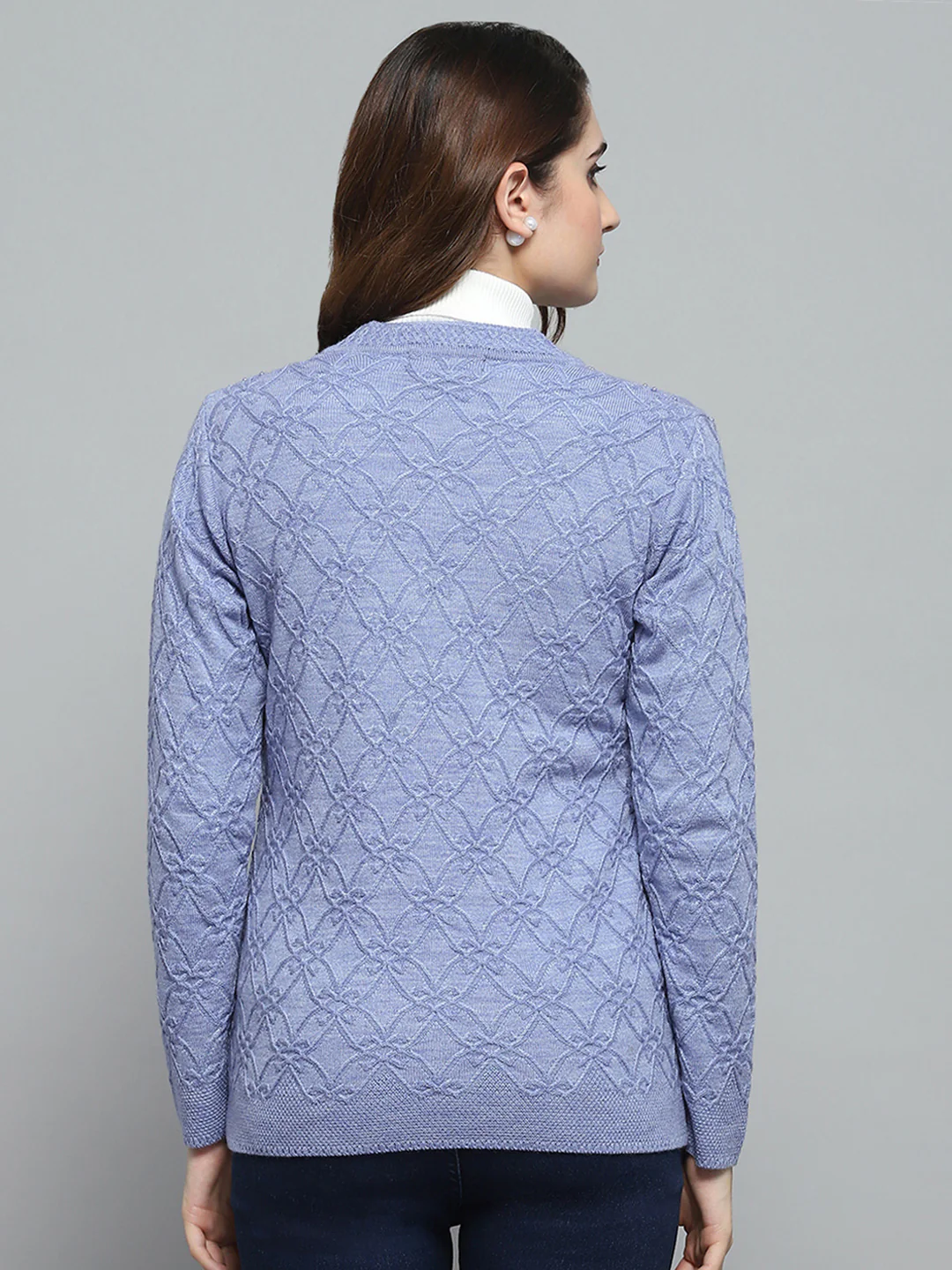 Women Purple Self Design V Neck Full Sleeve Cardigan - Image 5