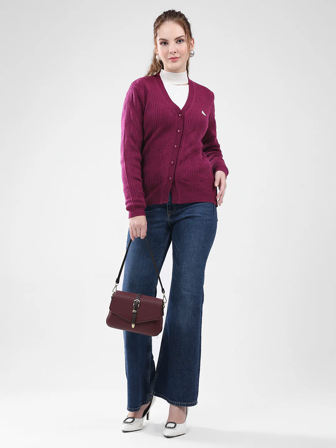 Women Purple Self Design V Neck Full Sleeve Cardigan - Image 2
