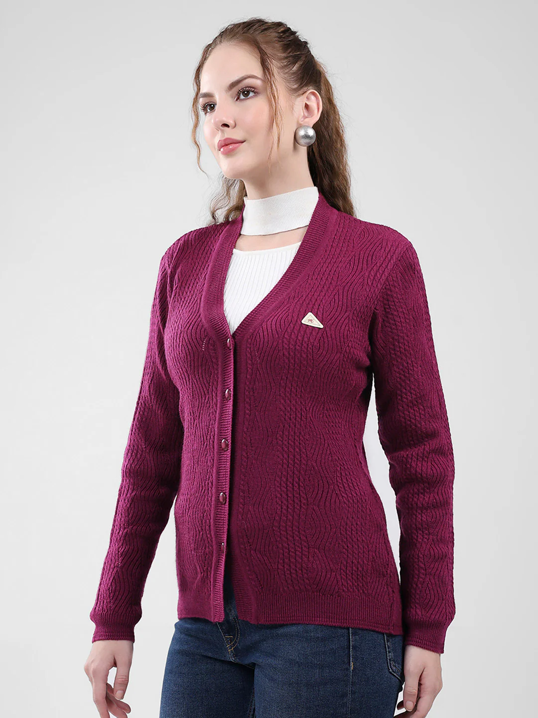 Women Purple Self Design V Neck Full Sleeve Cardigan - Image 3