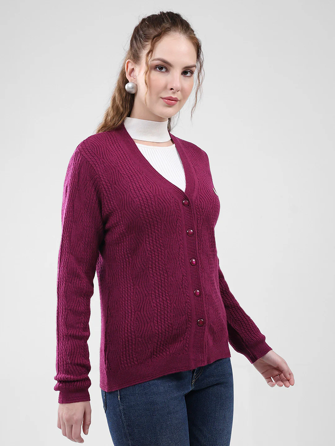 Women Purple Self Design V Neck Full Sleeve Cardigan - Image 4