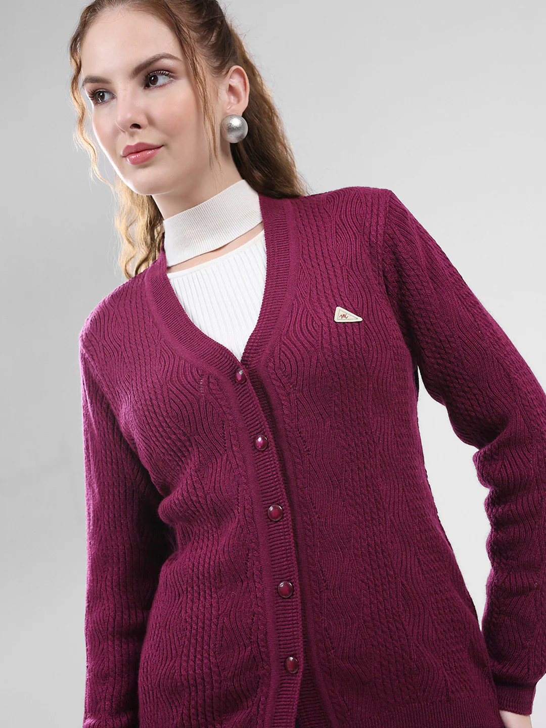Women Purple Self Design V Neck Full Sleeve Cardigan - Image 6