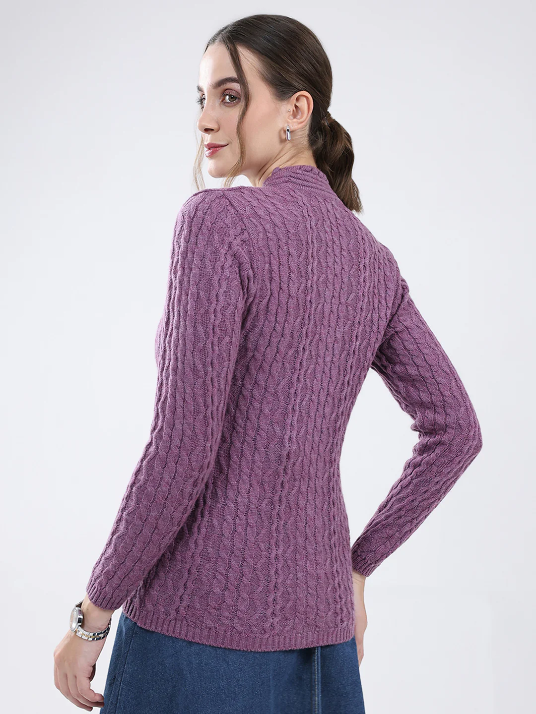Women Purple Self Design V Neck Full Sleeve Cardigan - Image 5