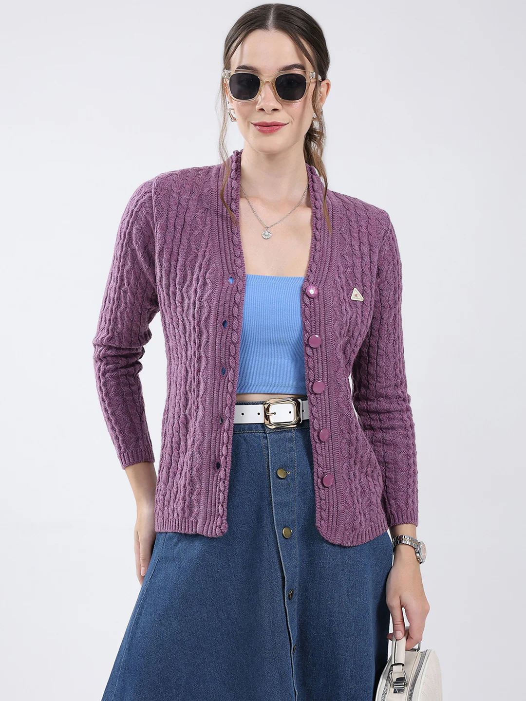 Women Purple Self Design V Neck Full Sleeve Cardigan - Image 6