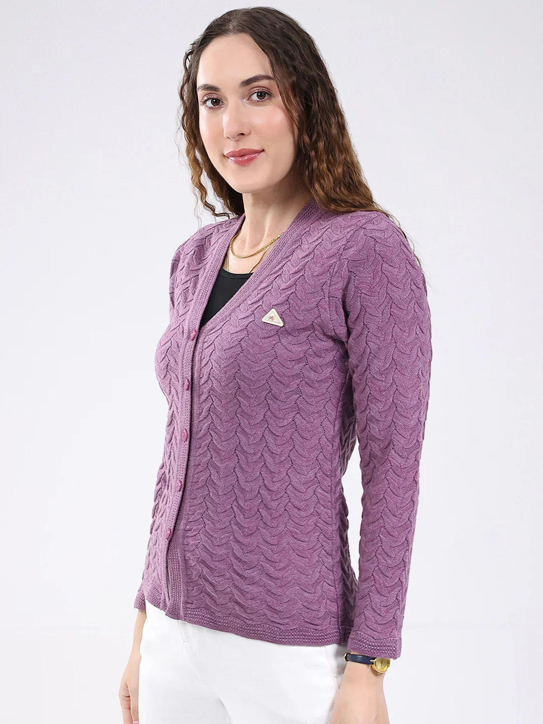 Women Purple Self Design V Neck Full Sleeve Cardigan - Image 3