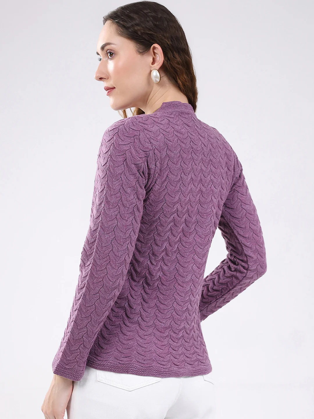 Women Purple Self Design V Neck Full Sleeve Cardigan - Image 5