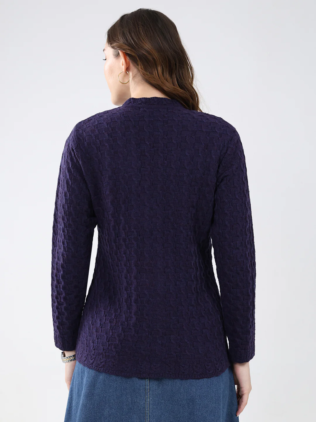 Women Purple Self Design V Neck Full Sleeve Cardigan - Image 5