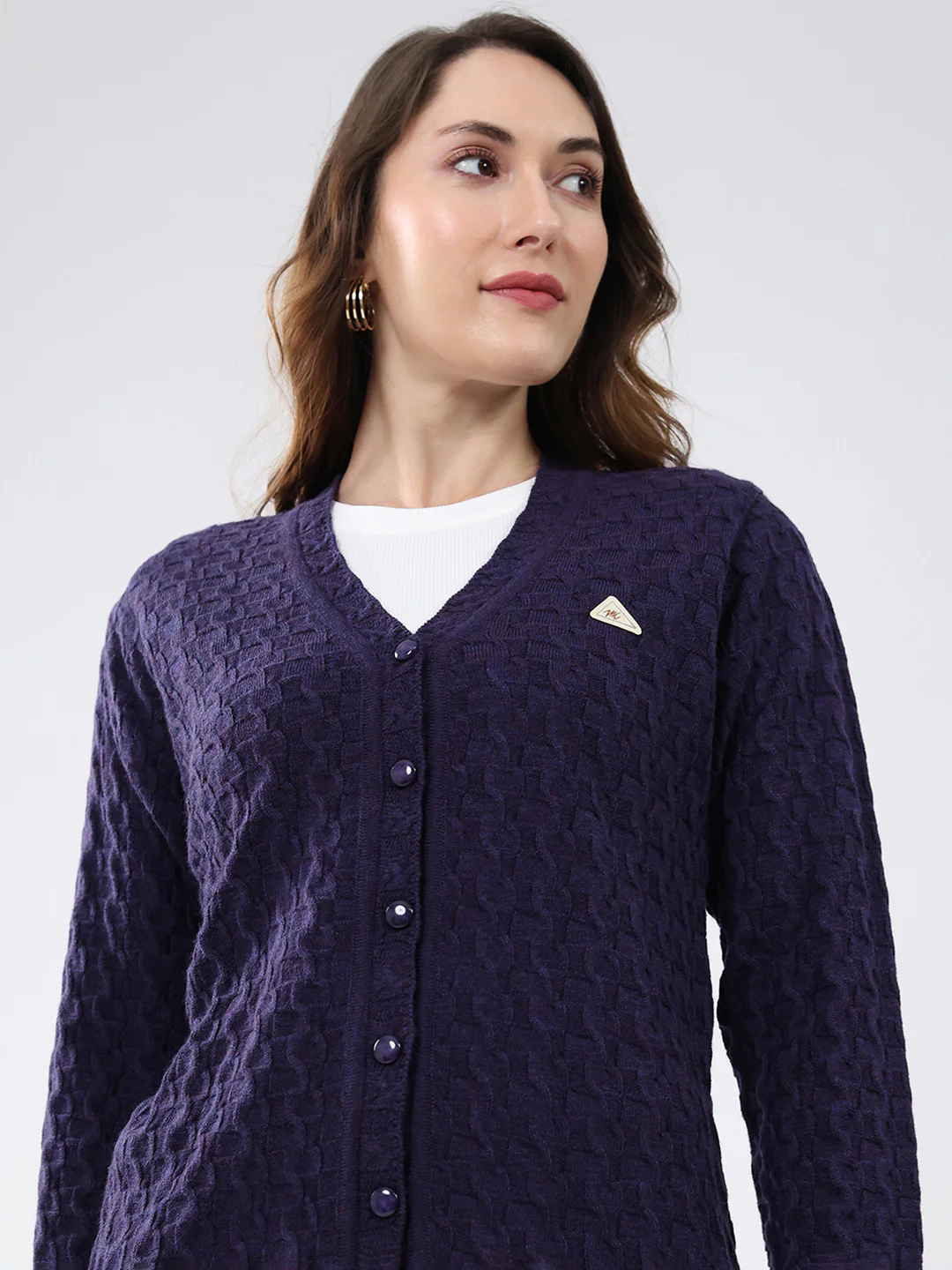 Women Purple Self Design V Neck Full Sleeve Cardigan - Image 7