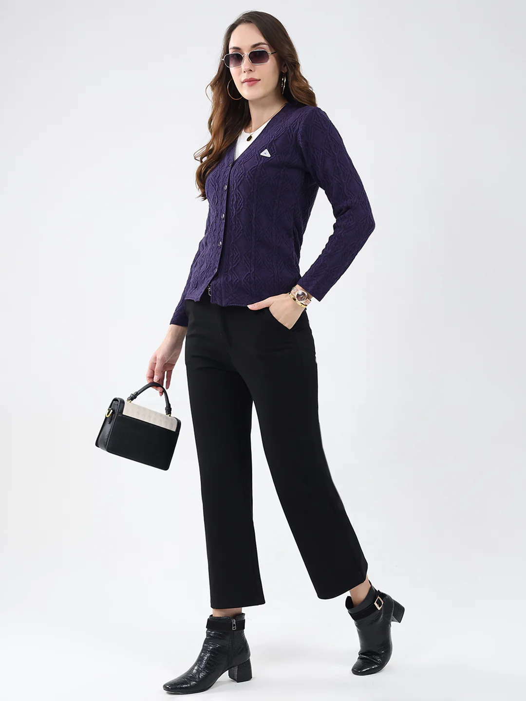 Women Purple Self Design V Neck Full Sleeve Cardigan - Image 2