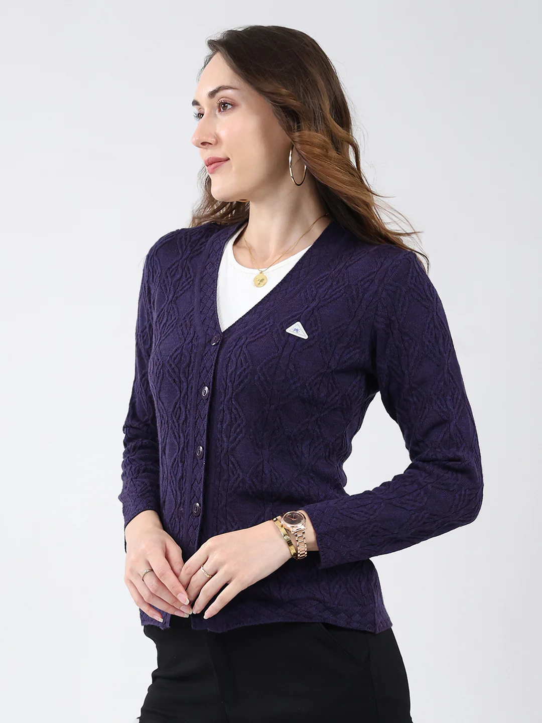 Women Purple Self Design V Neck Full Sleeve Cardigan - Image 3