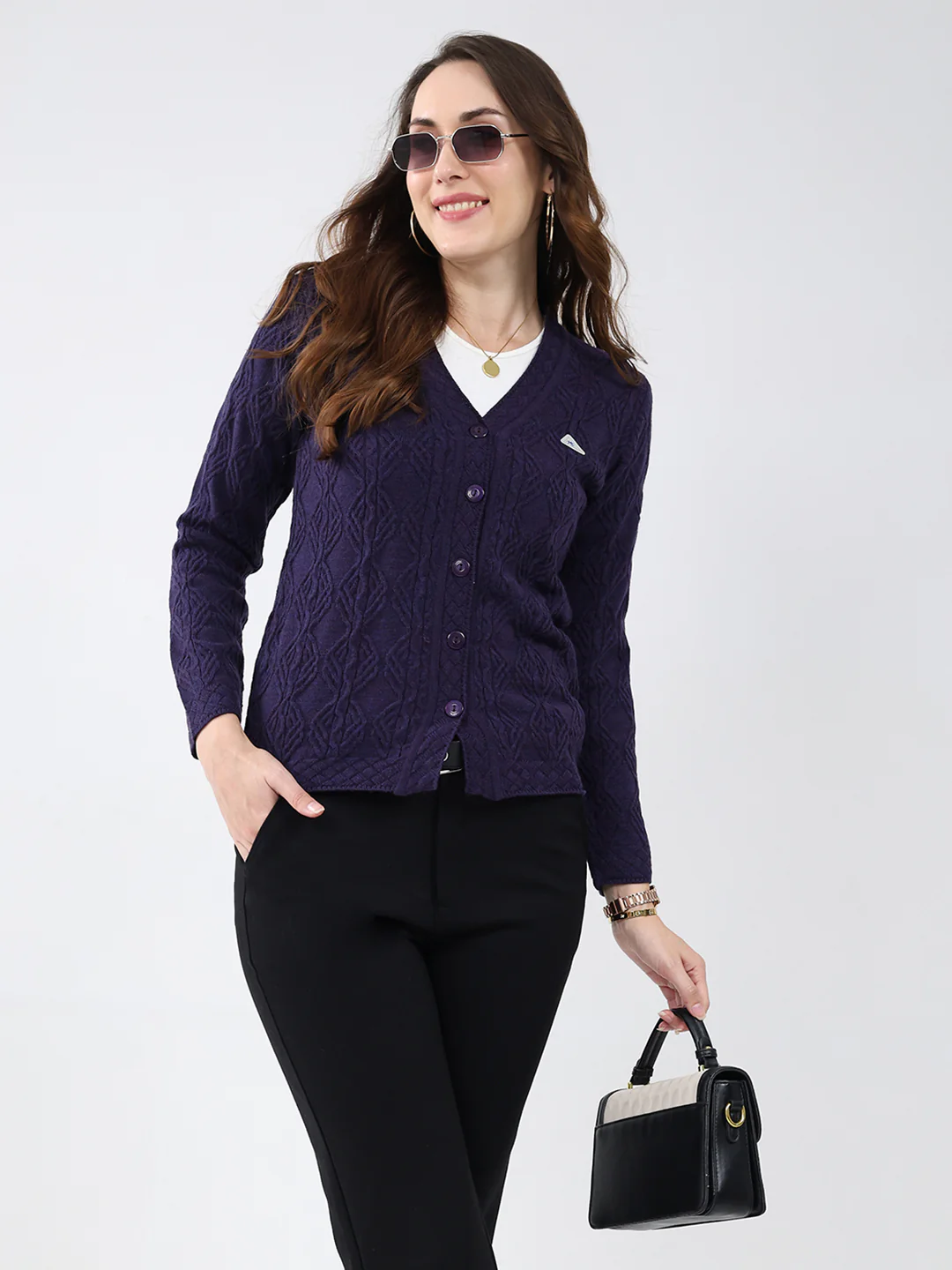 Women Purple Self Design V Neck Full Sleeve Cardigan - Image 6